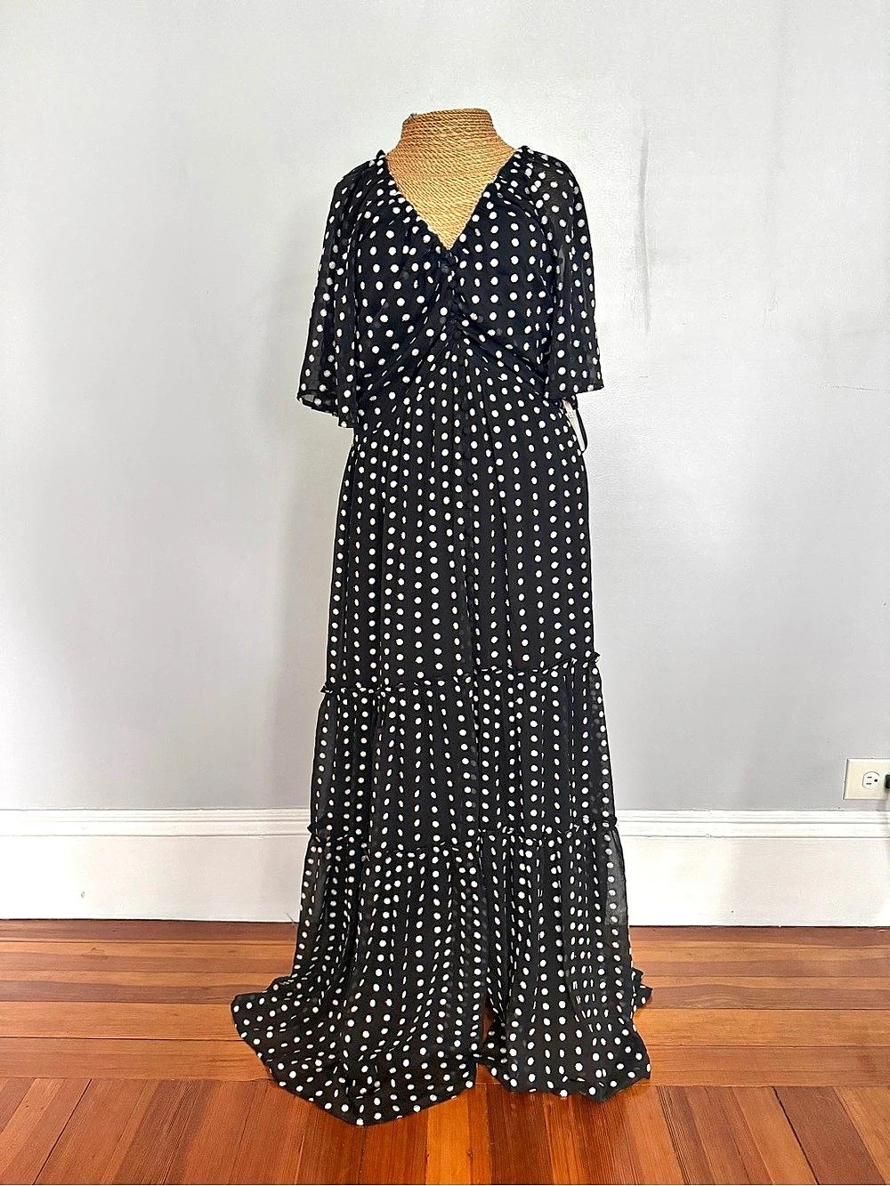 Anthropologie Polka Dot Ruched Maxi Dress in Black & White Like New